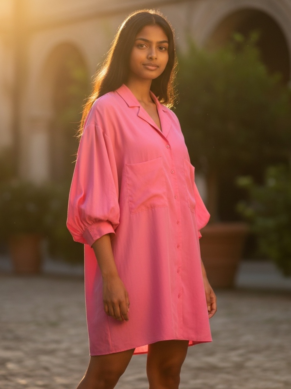Endless Rose Pink Puff Balloon Sleeve Button Up Shirt Dress Women’s Size Small S